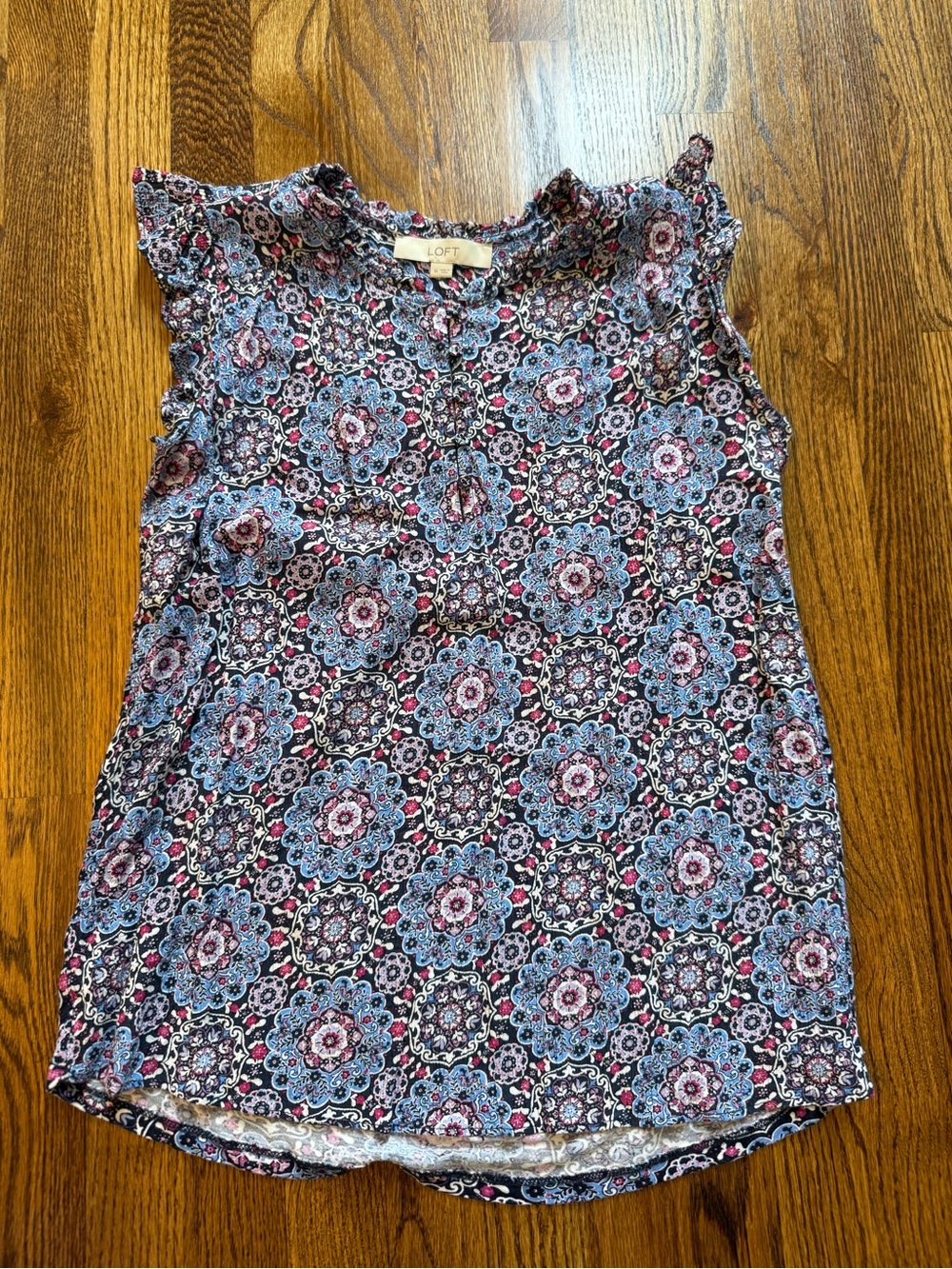 LOFT Ladies’ Floral Medallion Cap-Sleeve Blouse - Blue/Pink